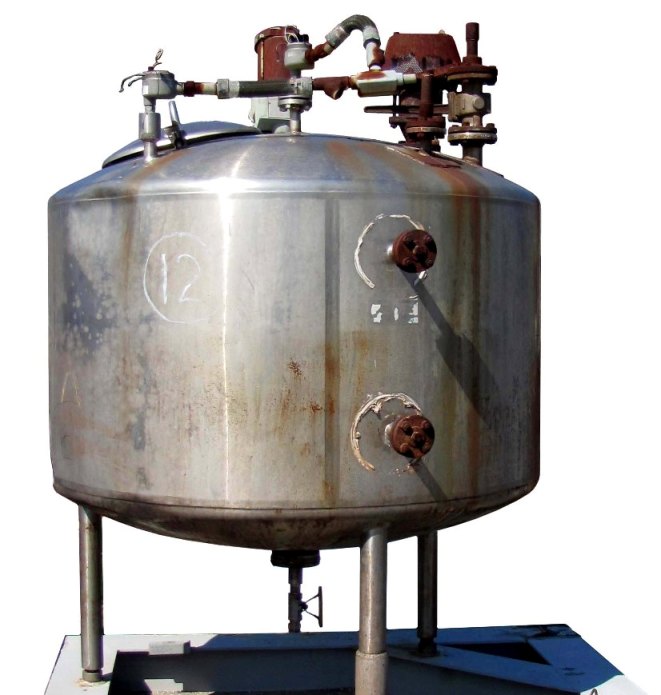 400 gallon, Vertical, Stainless Steel mixing tank.  Dish bottom, dish top.  Agitator is top mounted.  Mounted on steel frame.  